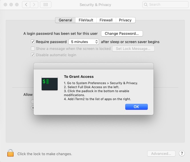 맥(mac) 개발환경 설정 - iTerm full disk access 권한 설정