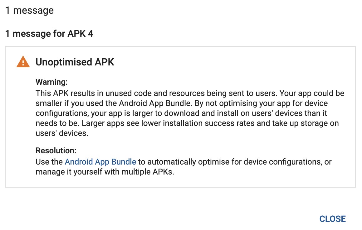 unoptimised apk android app bundle 警告